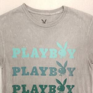 Playboy Graphic Casual Short Sleeve Crew Neck T Shirt Mens Size S Gray Blue